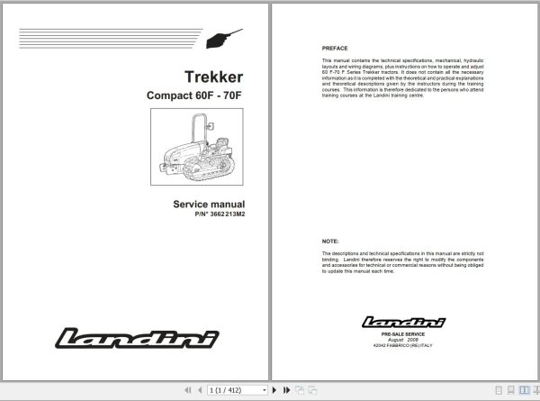 Landini Tractor Trekker 60F 70F Service Manual 3662213M2 EN 1