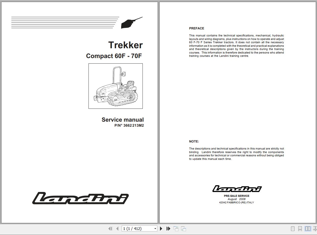 Landini Tractor Trekker 60F 70F Service Manual 3662213M2 EN 1