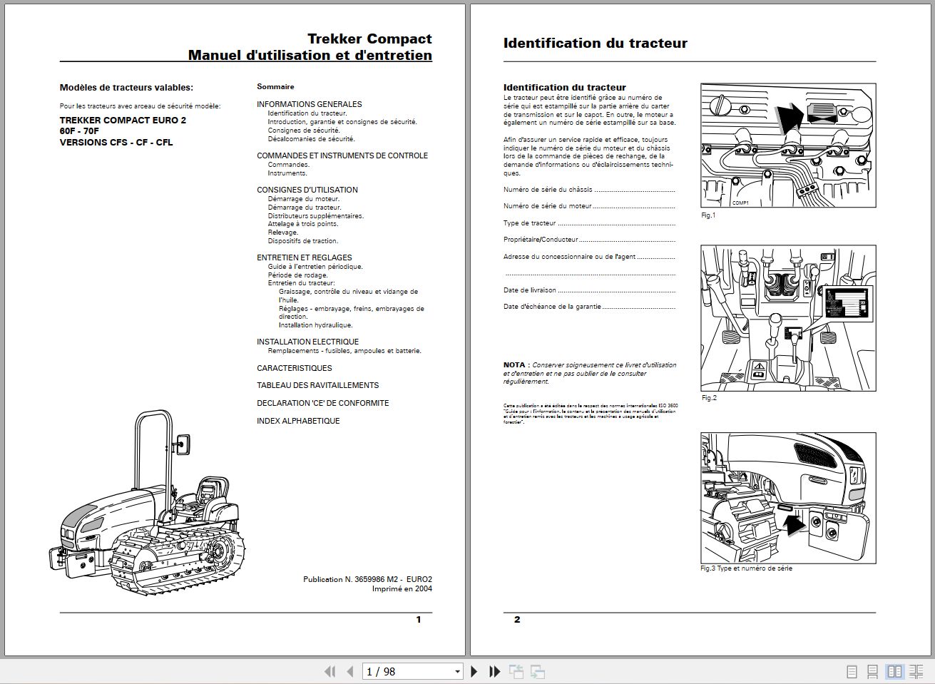 Landini Tractor Trekker 60F to 70F Compact Operators Maintenance Manual 3659986M2 FR 1