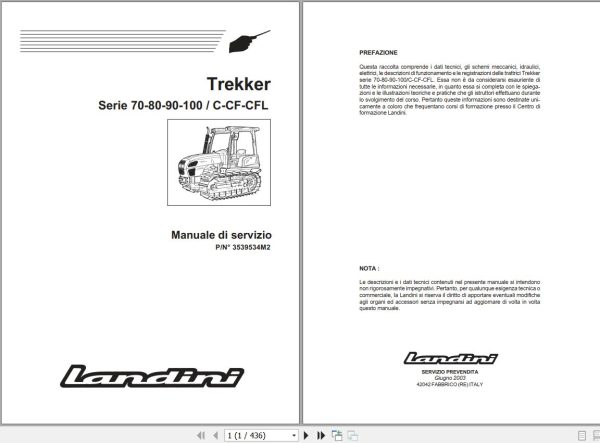 Landini Tractor Trekker 70C to 100CFL Service Manual 3539534M2 IT 1