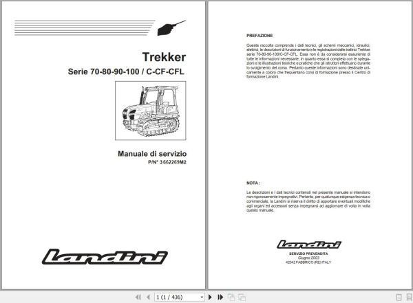 Landini Tractor Trekker 70C to 100CFL Service Manual 3662269M2 IT 1