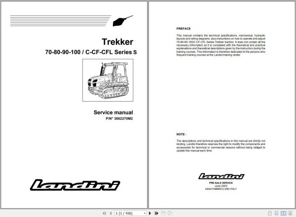 Landini Tractor Trekker 70C to 100CFL Service Manual 3662270M2 EN 1