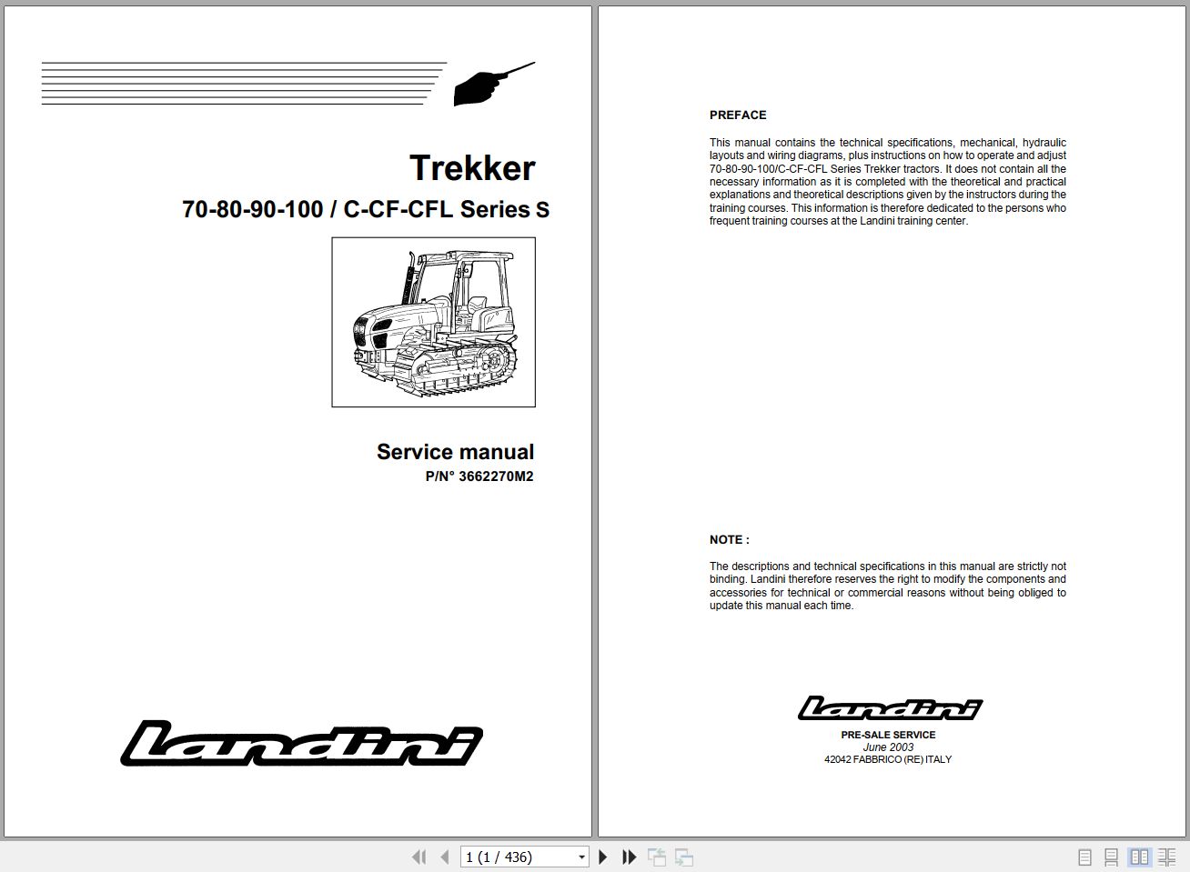 Landini Tractor Trekker 70C to 100CFL Service Manual 3662270M2 EN 1
