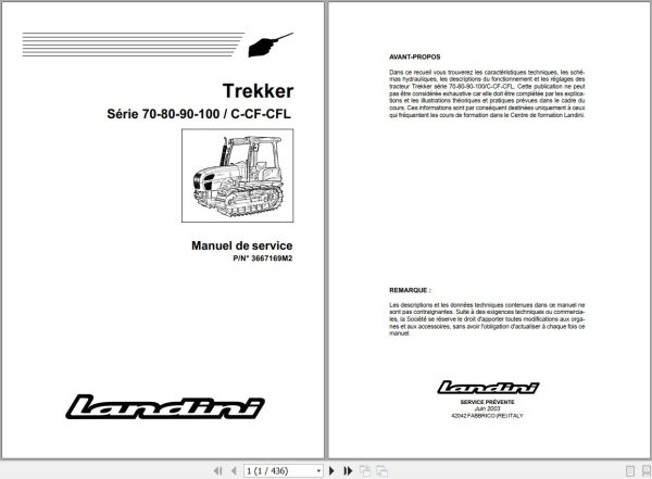 Landini Tractor Trekker 70C to 100CFL Service Manual 3667169M2 FR 1