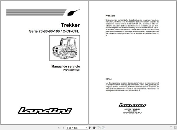 Landini Tractor Trekker 70C to 100CFL Service Manual 3667170M2 ES 1