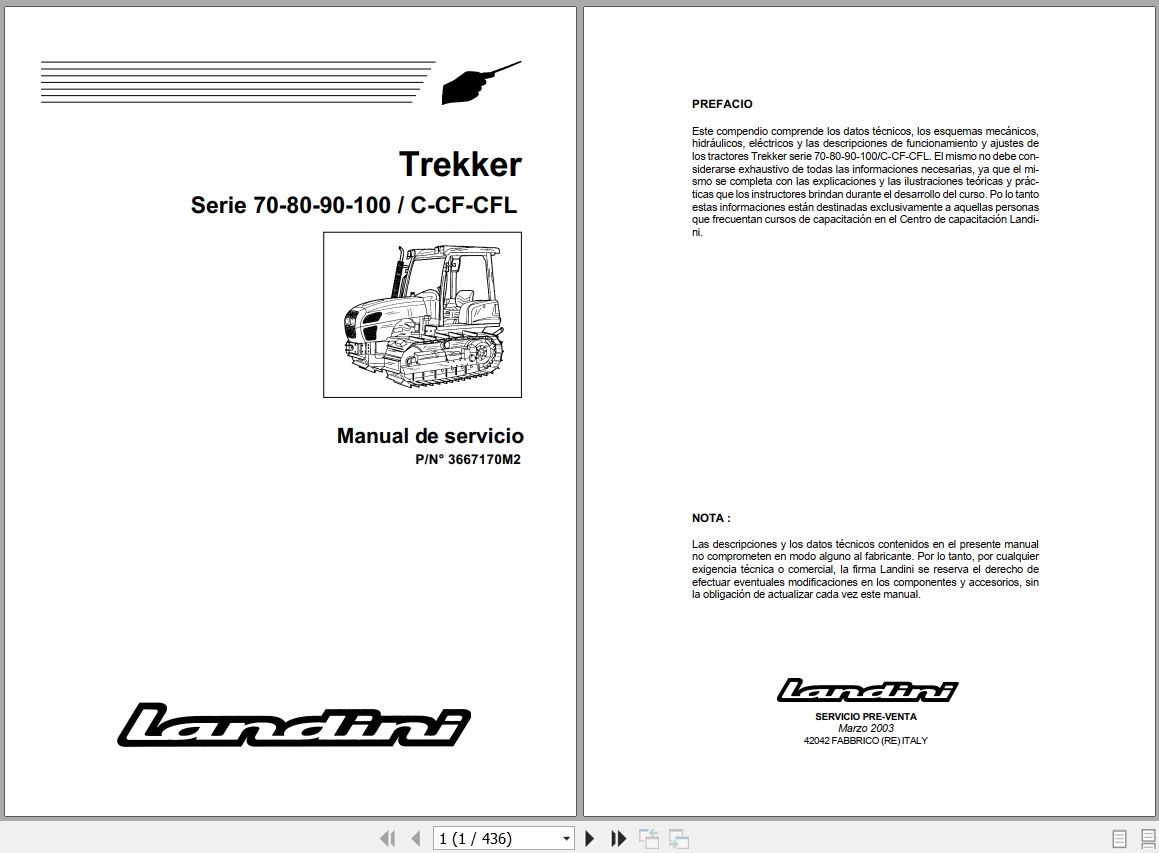 Landini Tractor Trekker 70C to 100CFL Service Manual 3667170M2 ES 1