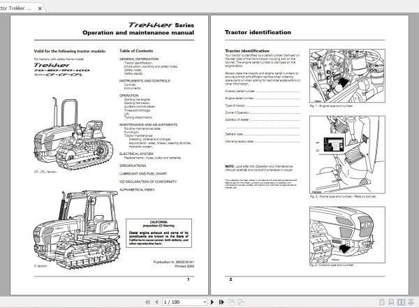 Landini Tractor Trekker 70CF to 100CFL Operators Maintenance Manual 3652018M1 EN 1