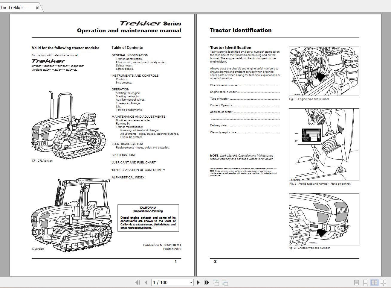 Landini Tractor Trekker 70CF to 100CFL Operators Maintenance Manual 3652018M1 EN 1