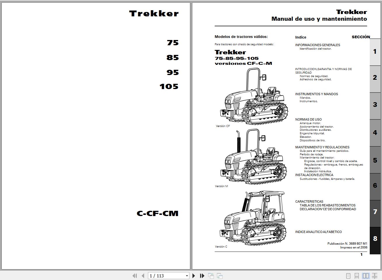 Landini Tractor Trekker 75C to 105CM Operators Maintenance Manual 3689807M1 ES 1
