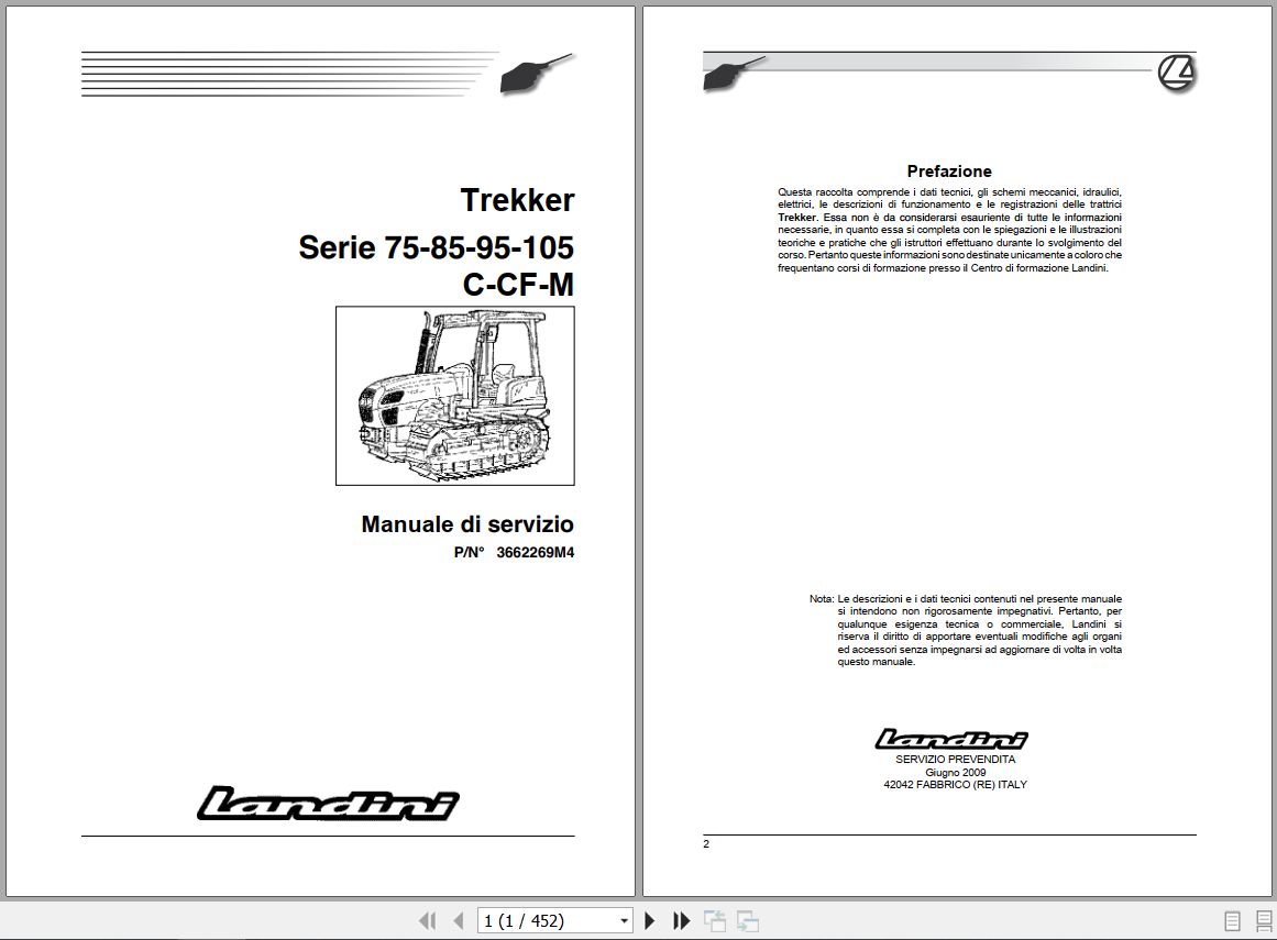 Landini Tractor Trekker 75C to 105M Service Manual 3662269M4 IT 1