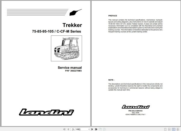 Landini Tractor Trekker 75C to 105M Service Manual 3662270M3 EN 1