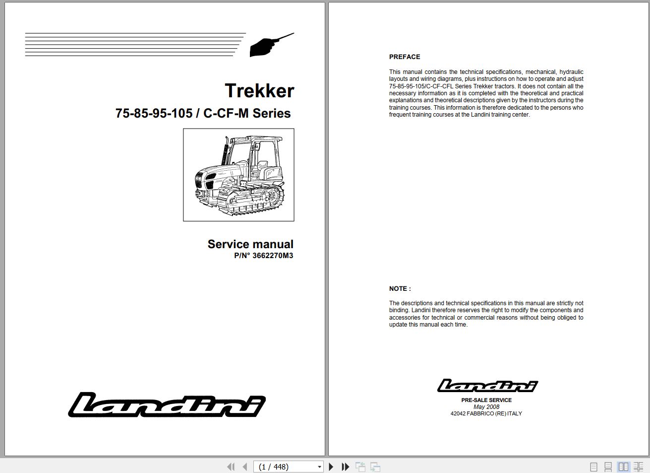 Landini Tractor Trekker 75C to 105M Service Manual 3662270M3 EN 1