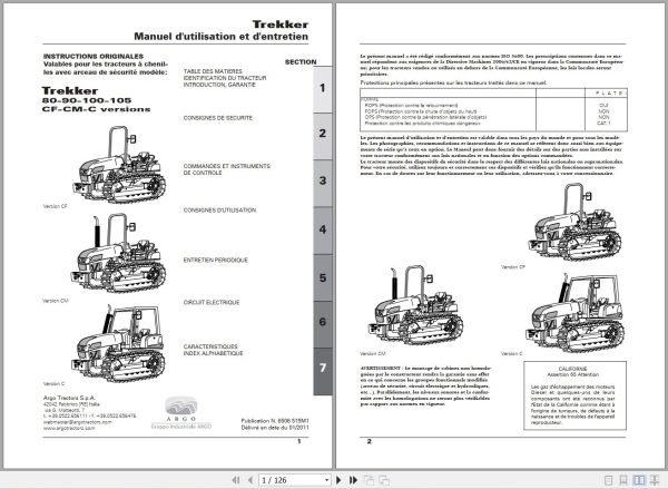 Landini Tractor Trekker 80CF to 105C Operators Maintenance Manual 6506515M1 FR 1