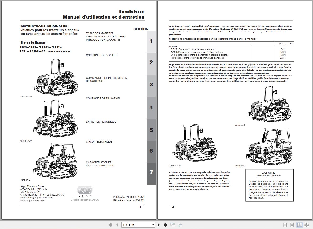 Landini Tractor Trekker 80CF to 105C Operators Maintenance Manual 6506515M1 FR 1