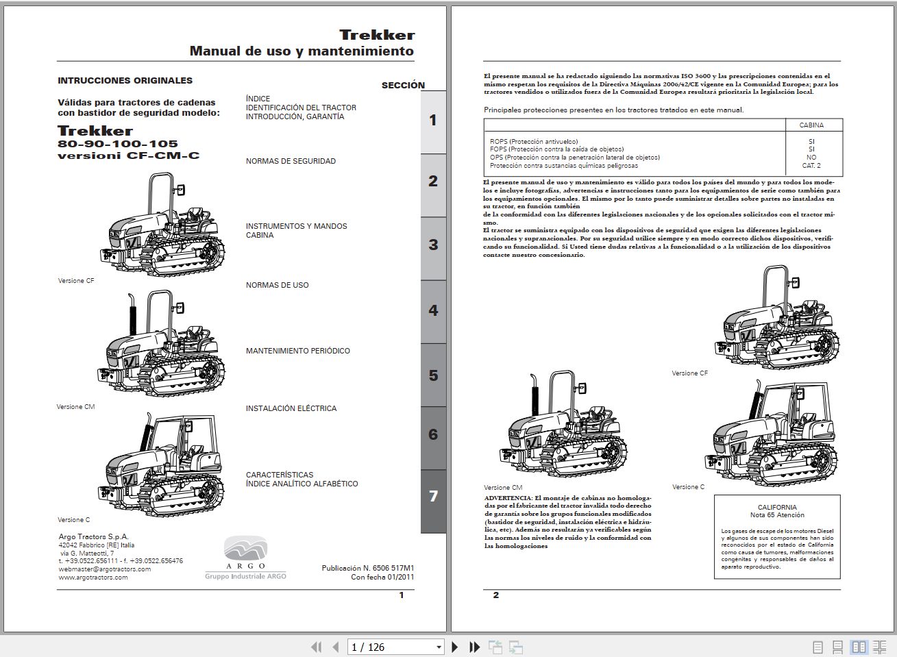 Landini Tractor Trekker 80CF to 105C Operators Maintenance Manual 6506517M1 ES 1