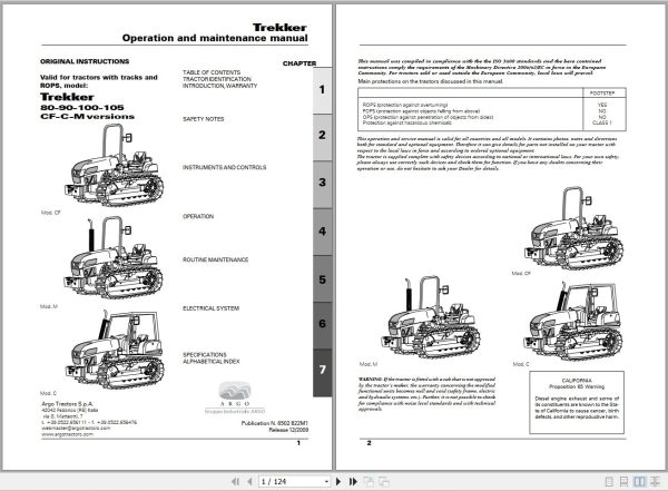 Landini Tractor Trekker 80CF to 105M Operators Maintenance Manual 6502822M1 EN 1