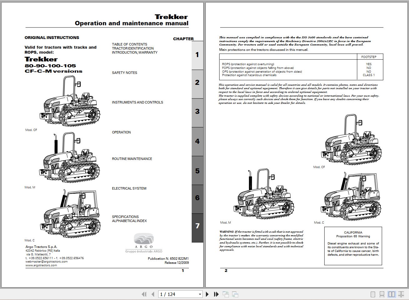 Landini Tractor Trekker 80CF to 105M Operators Maintenance Manual 6502822M1 EN 1