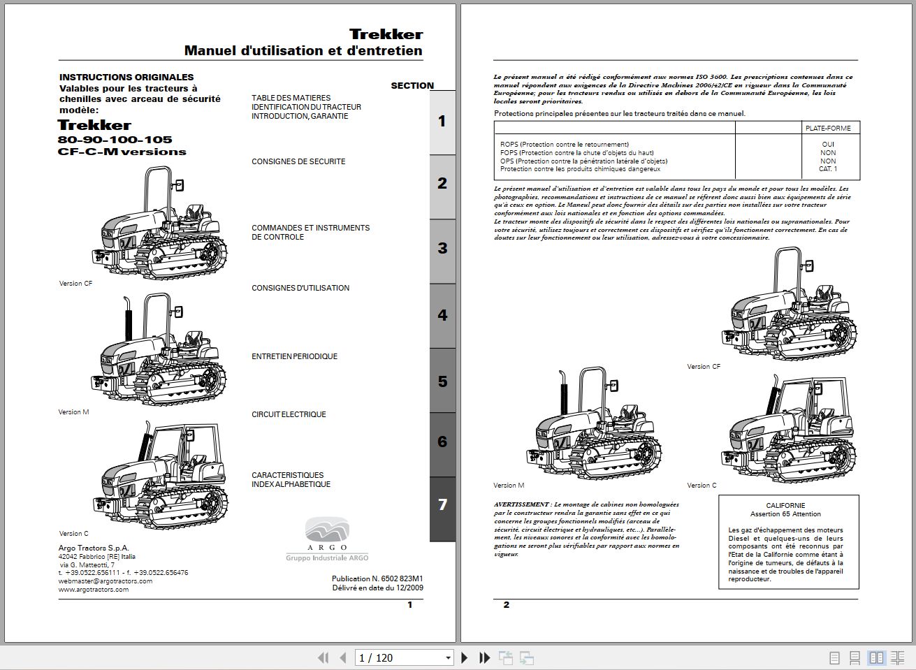 Landini Tractor Trekker 80CF to 105M Operators Maintenance Manual 6502823M1 FR 1