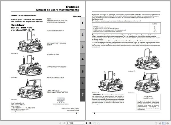 Landini Tractor Trekker 80CF to 105M Operators Maintenance Manual 6502824M1 ES 1