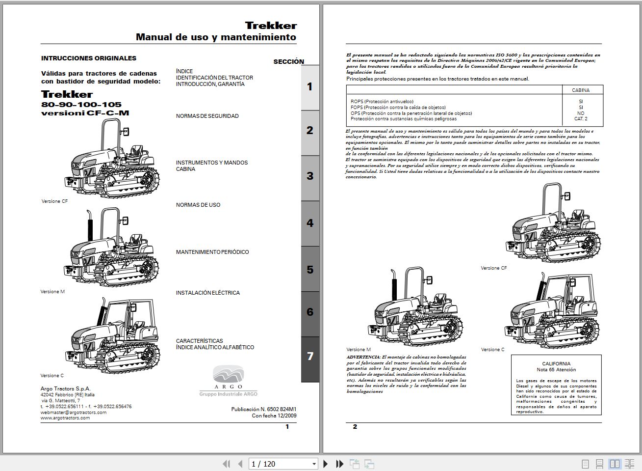 Landini Tractor Trekker 80CF to 105M Operators Maintenance Manual 6502824M1 ES 1