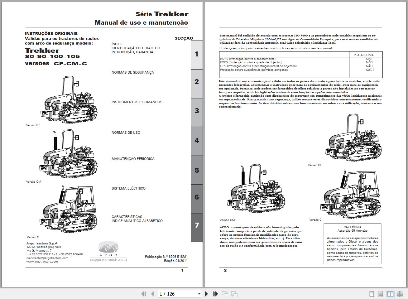 Landini Tractor Trekker 90 to 105 CF CM C Operators Maintenance Manual 6506518M1 PT 1