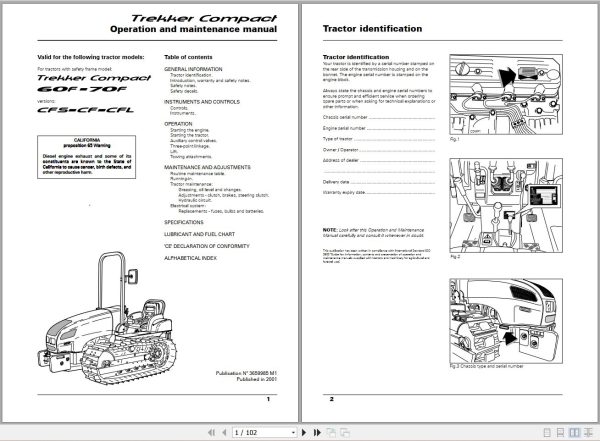 Landini Tractor Trekker Compact 60F 70F Operators Maintenance Manual 3659985M1 EN 1