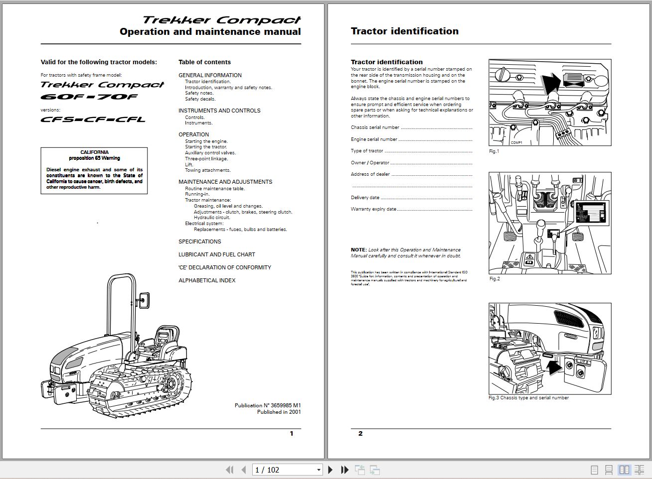 Landini Tractor Trekker Compact 60F 70F Operators Maintenance Manual 3659985M1 EN 1