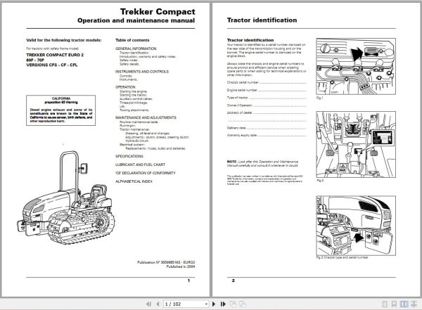 Landini Tractor Trekker Compact 60F 70F Operators Maintenance Manual 3659985M2 EN 1