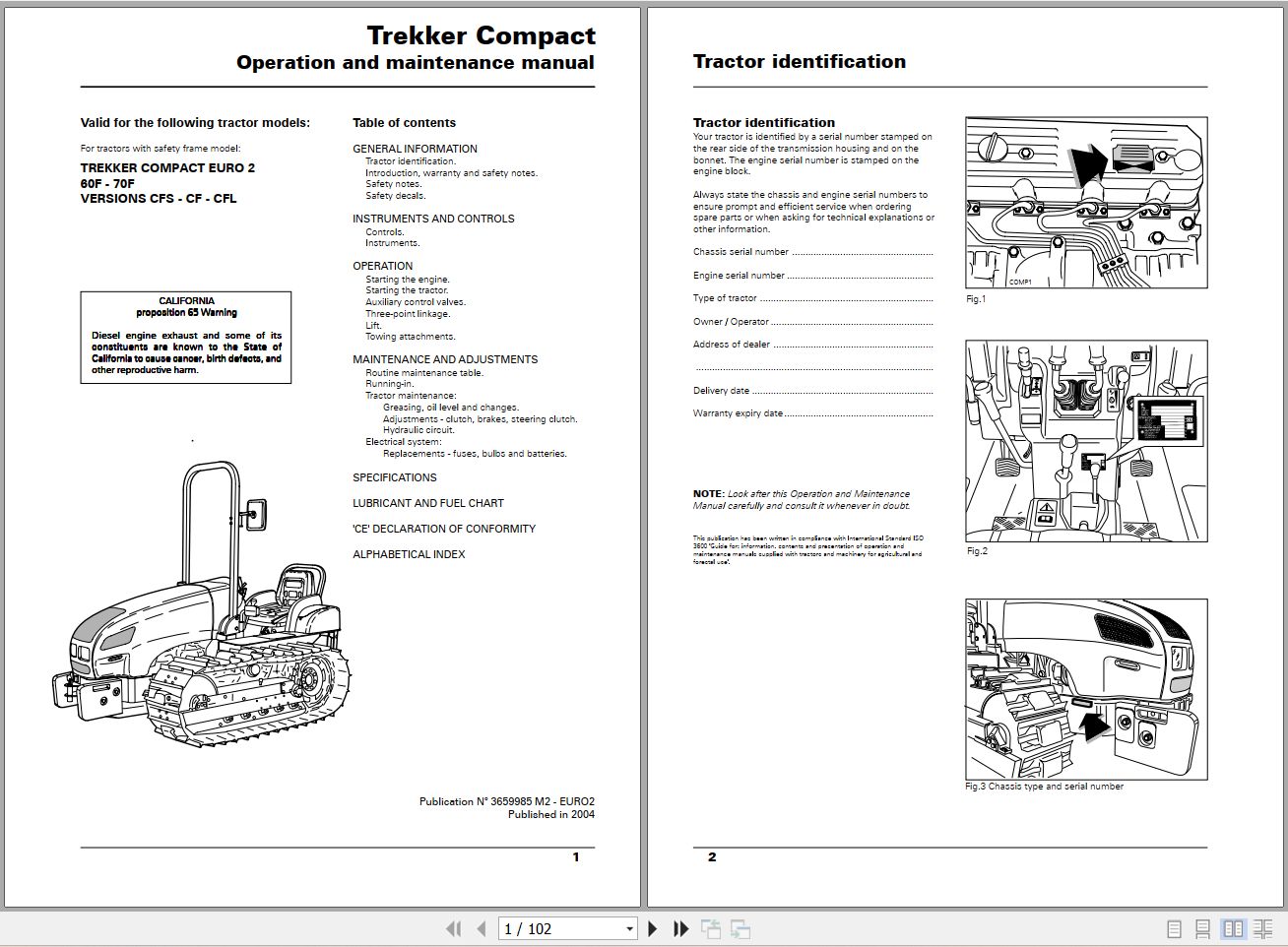 Landini Tractor Trekker Compact 60F 70F Operators Maintenance Manual 3659985M2 EN 1