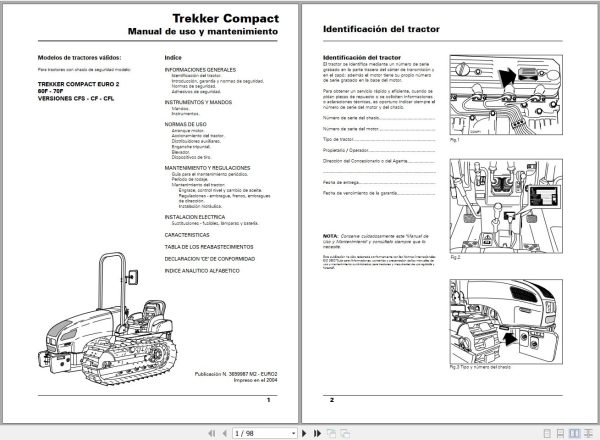 Landini Tractor Trekker Compact 60F 70F Operators Maintenance Manual 3659987M2 ES 1