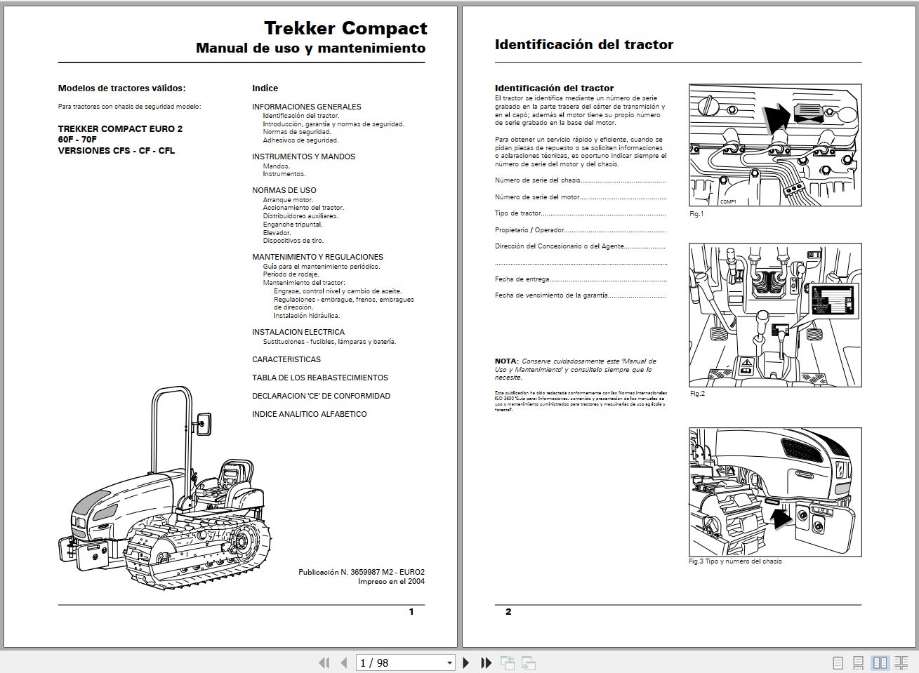 Landini Tractor Trekker Compact 60F 70F Operators Maintenance Manual 3659987M2 ES 1