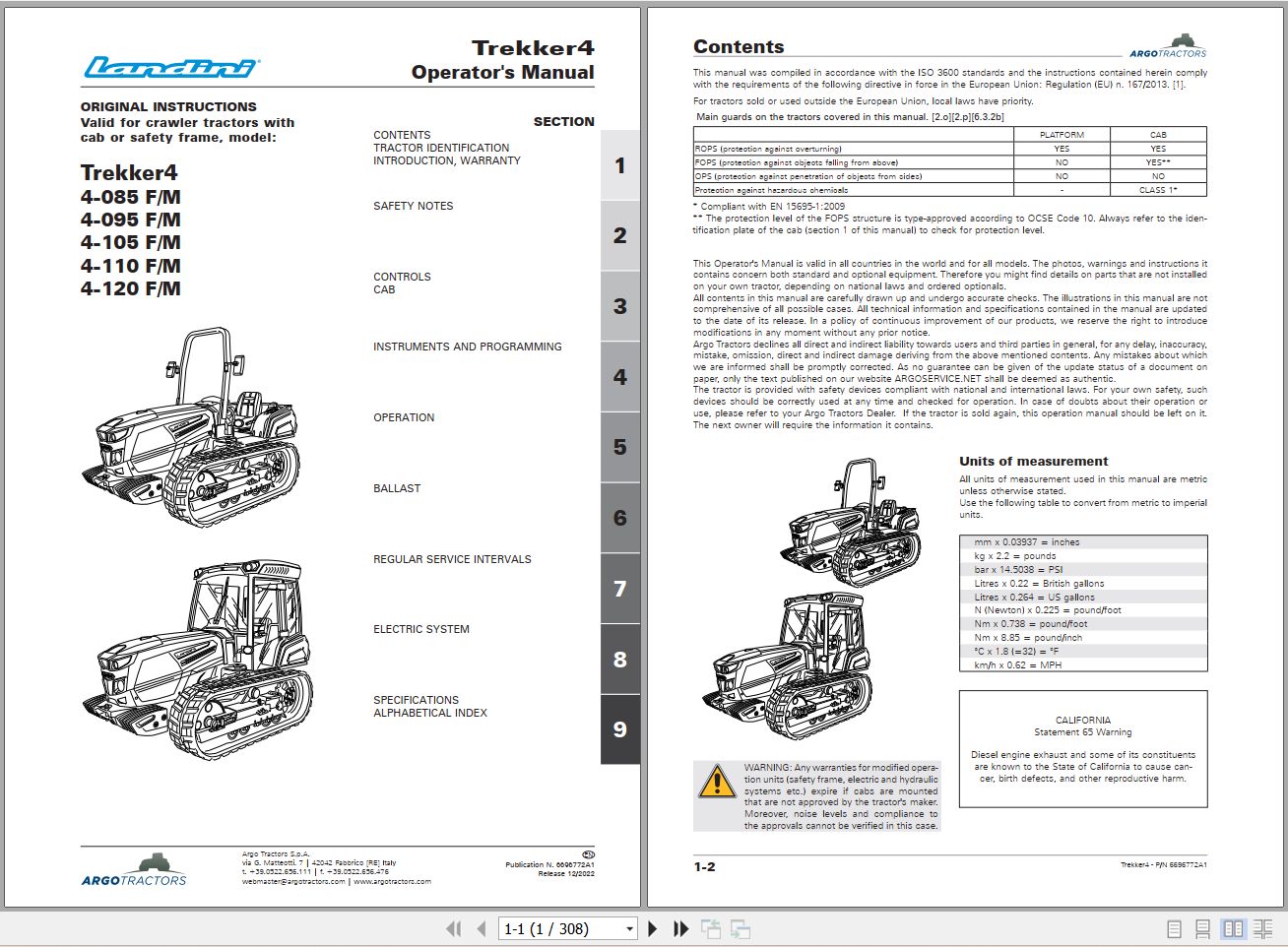 Landini Tractor Trekker4 4 085 F M to 4 120 F M Operators Maintenance Manual 6696772A1 EN 1