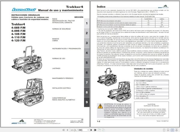 Landini Tractor Trekker4 4 085 F M to 4 120 F M Operators Maintenance Manual 6696776A1 ES 1