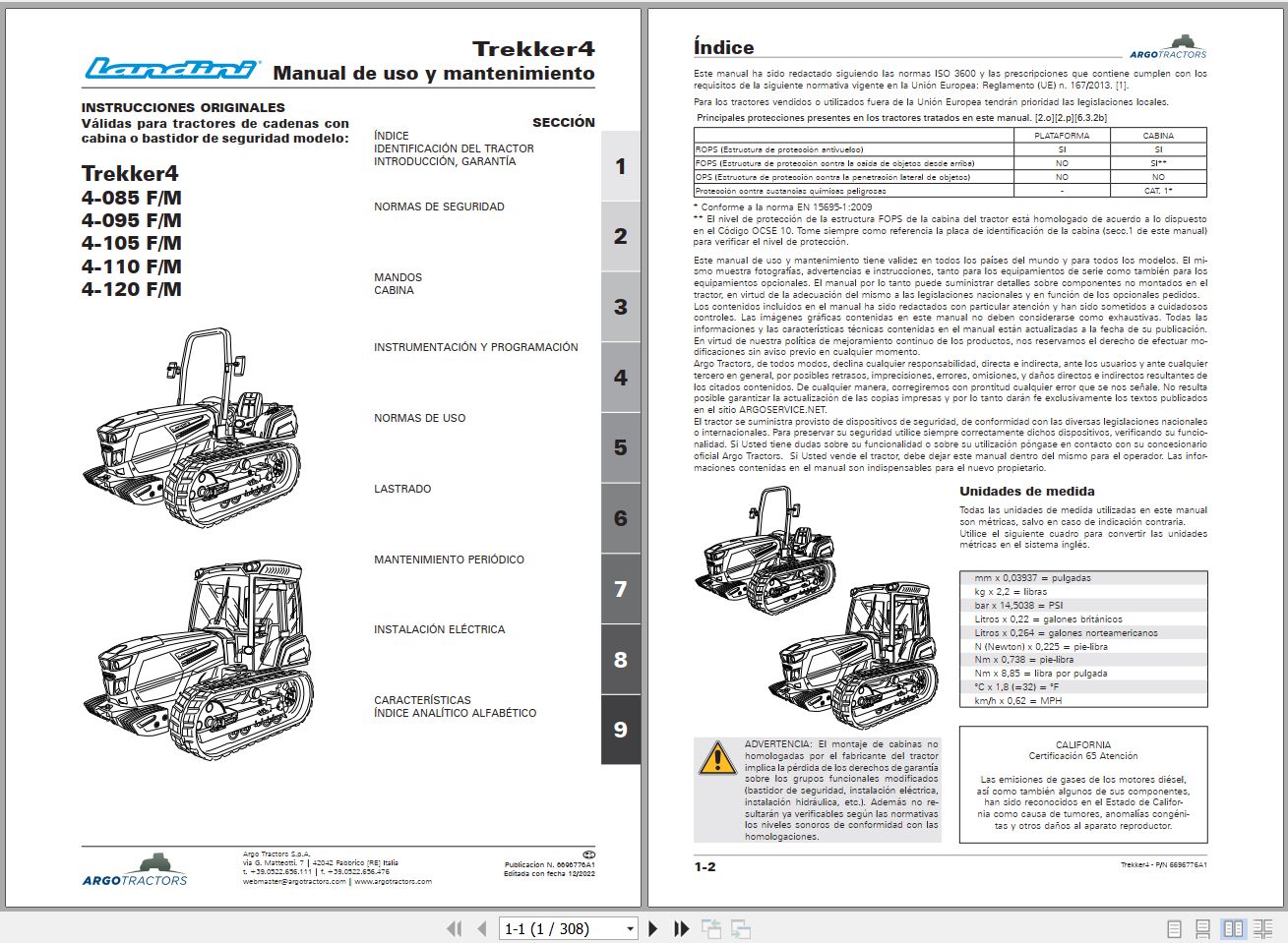 Landini Tractor Trekker4 4 085 F M to 4 120 F M Operators Maintenance Manual 6696776A1 ES 1