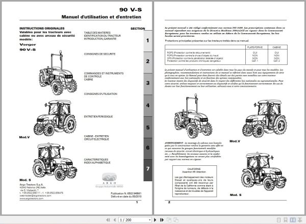 Landini Tractor Verger 90V 90S Operators Maintenance Manual 6502948M1 FR 1
