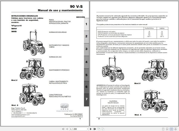 Landini Tractor Vigneti 90V 90S Operators Maintenance Manual 6502950M1 ES 1