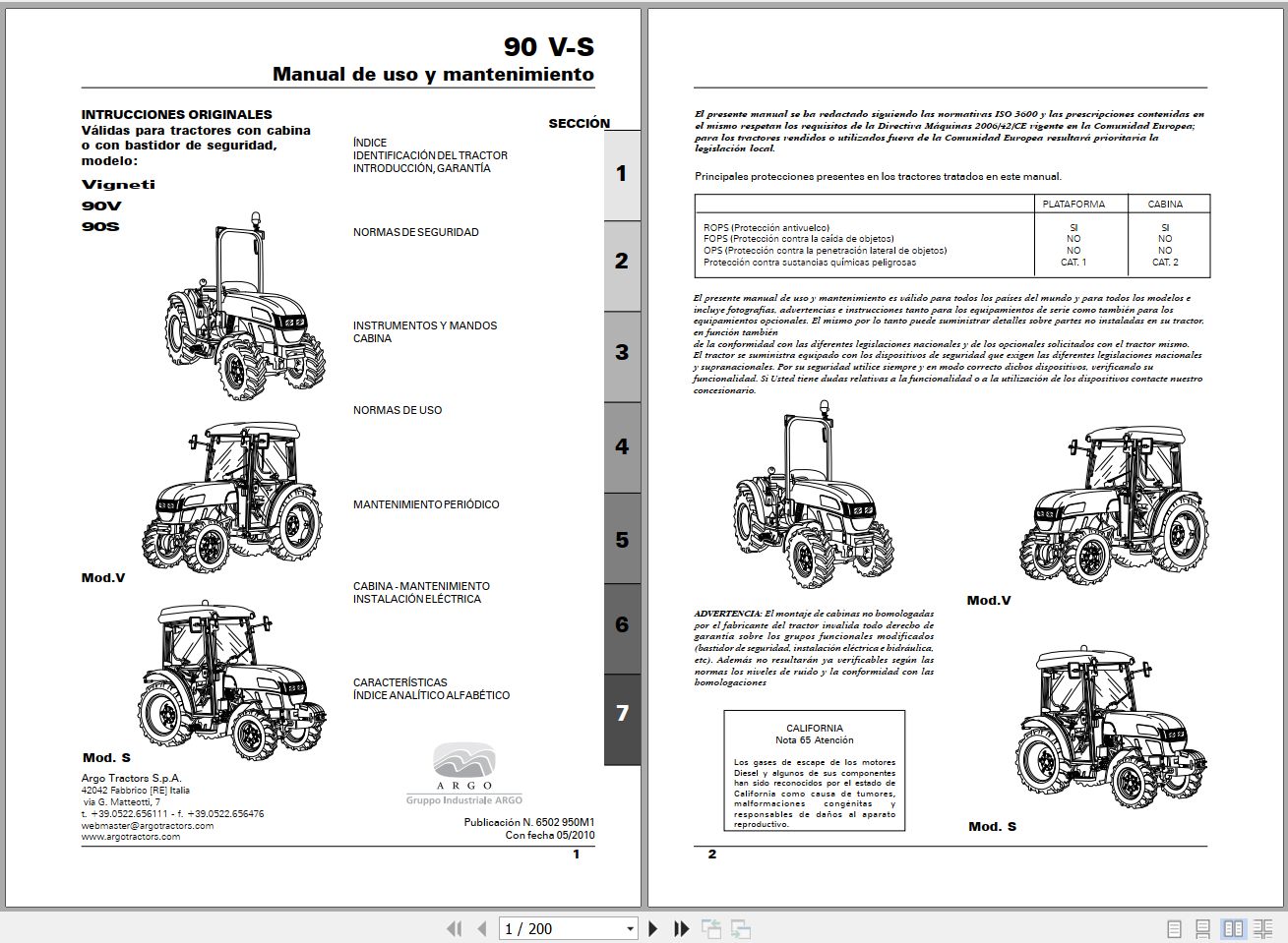 Landini Tractor Vigneti 90V 90S Operators Maintenance Manual 6502950M1 ES 1