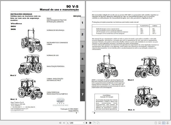 Landini Tractor Vindima 90V 90S Operators Maintenance Manual 6502954M1 PT 1