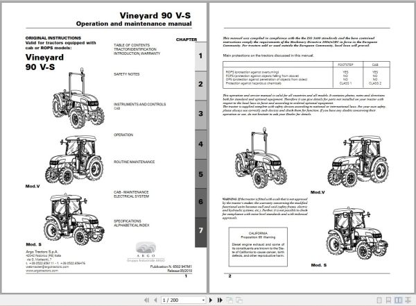 Landini Tractor Vineyard 90V 90S Operators Maintenance Manual 6502947M1 EN 1
