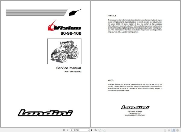 Landini Tractor Vision 80 90 100 Service Manual 3667238M2 EN 1
