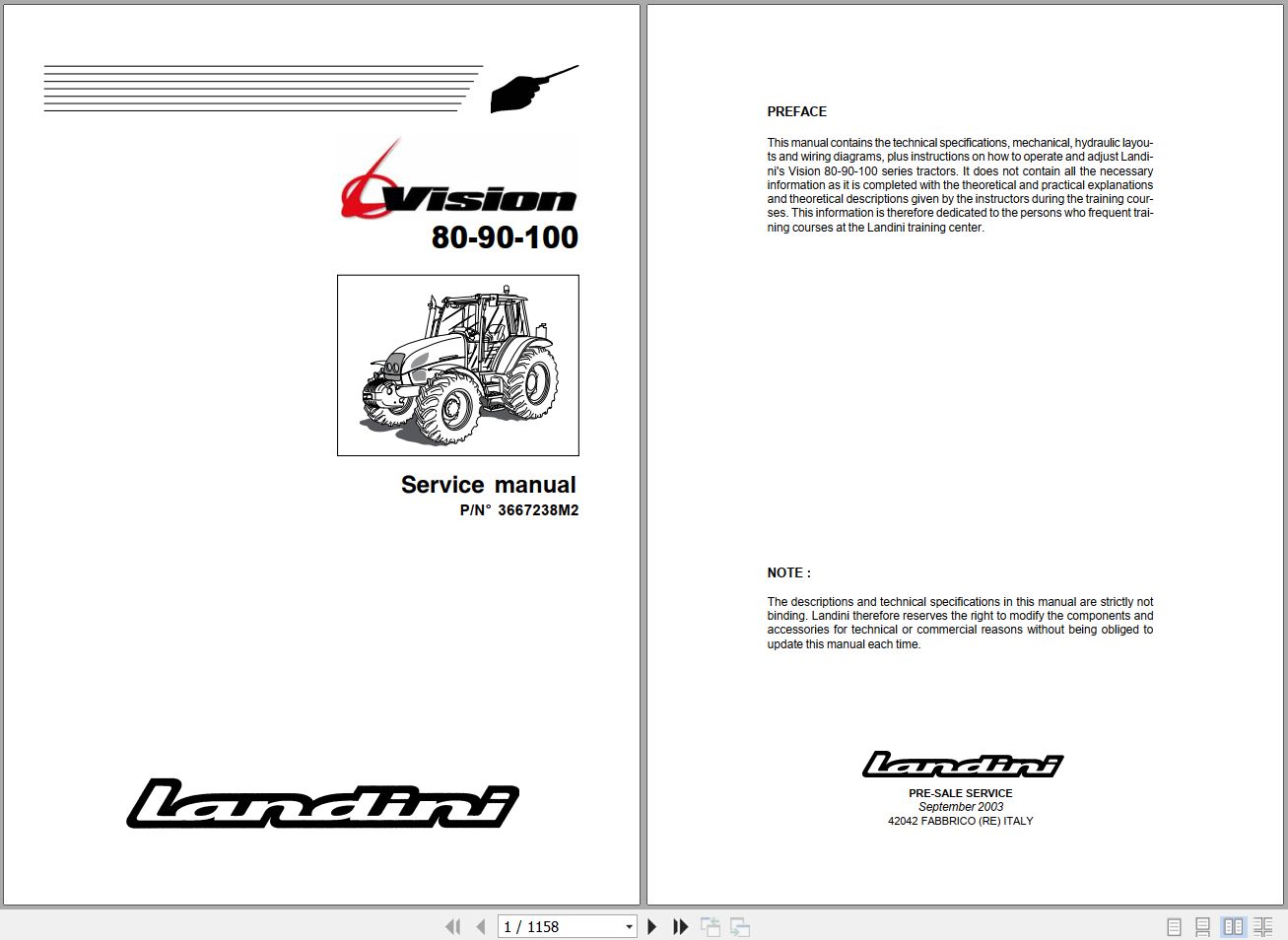 Landini Tractor Vision 80 90 100 Service Manual 3667238M2 EN 1