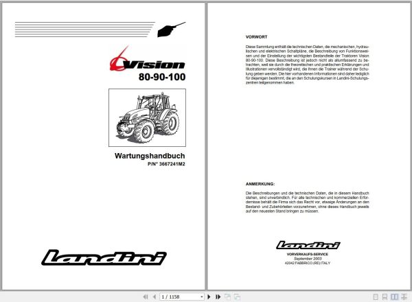 Landini Tractor Vision 80 90 100 Service Manual 3667241M2 DE 1