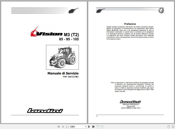 Landini Tractor Vision 85 95 105 M3 Tier2 Service Manual 3667237M3 IT 1