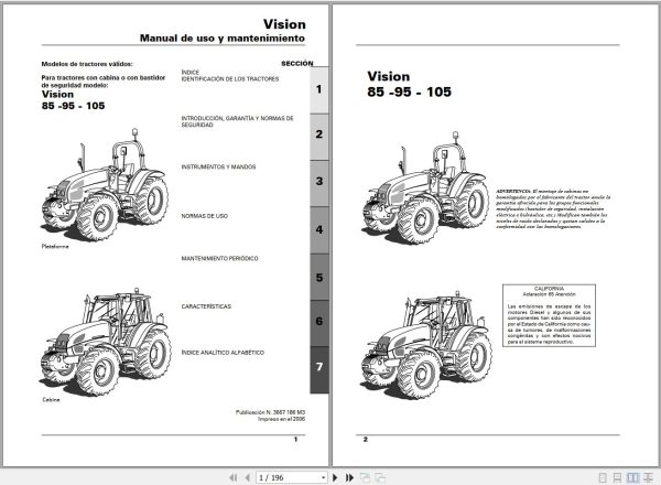 Landini Tractor Vision 85 95 105 Operators Maintenance Manual 3667186M3 ES 1