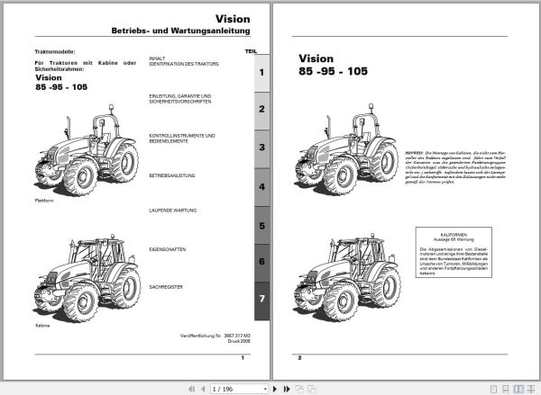 Landini Tractor Vision 85 95 105 Operators Maintenance Manual 3667317M3 DE 1