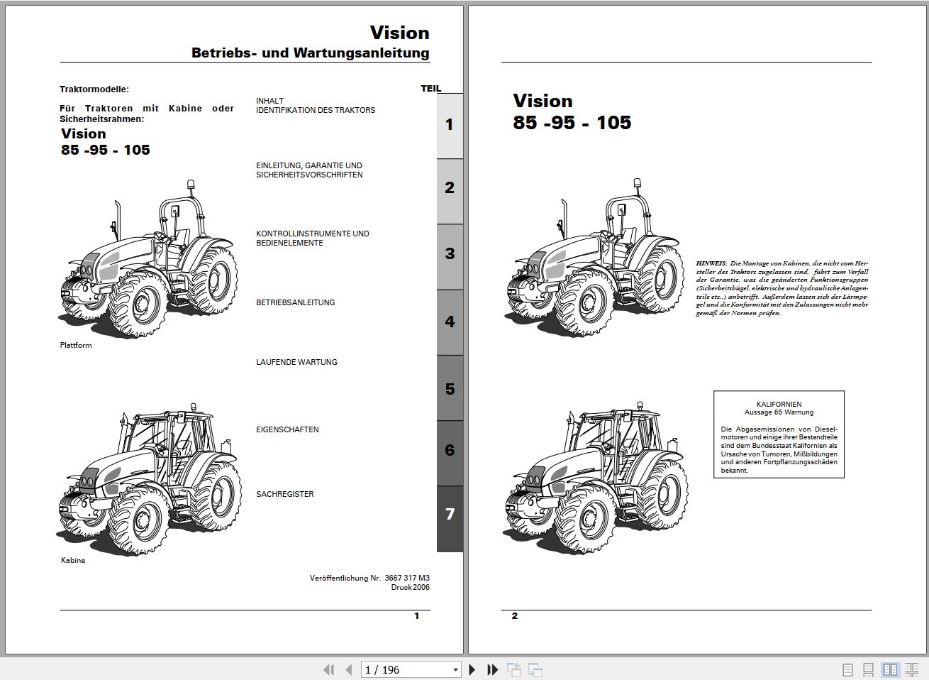 Landini Tractor Vision 85 95 105 Operators Maintenance Manual 3667317M3 DE 1