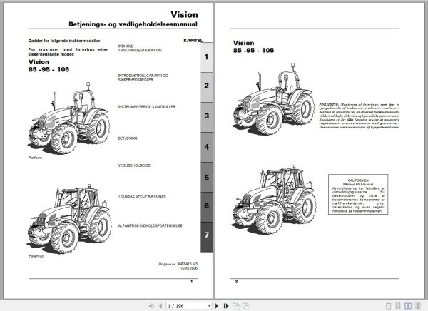 Landini Tractor Vision 85 95 105 Operators Maintenance Manual 3667415M3 DA 1