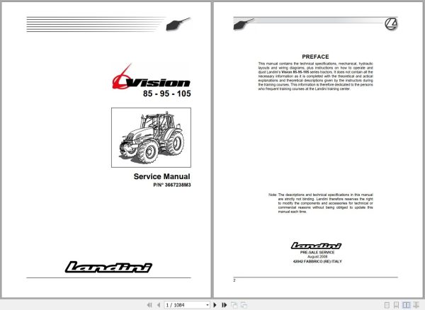Landini Tractor Vision 85 95 105 Service Manual 3667238M3 EN 1