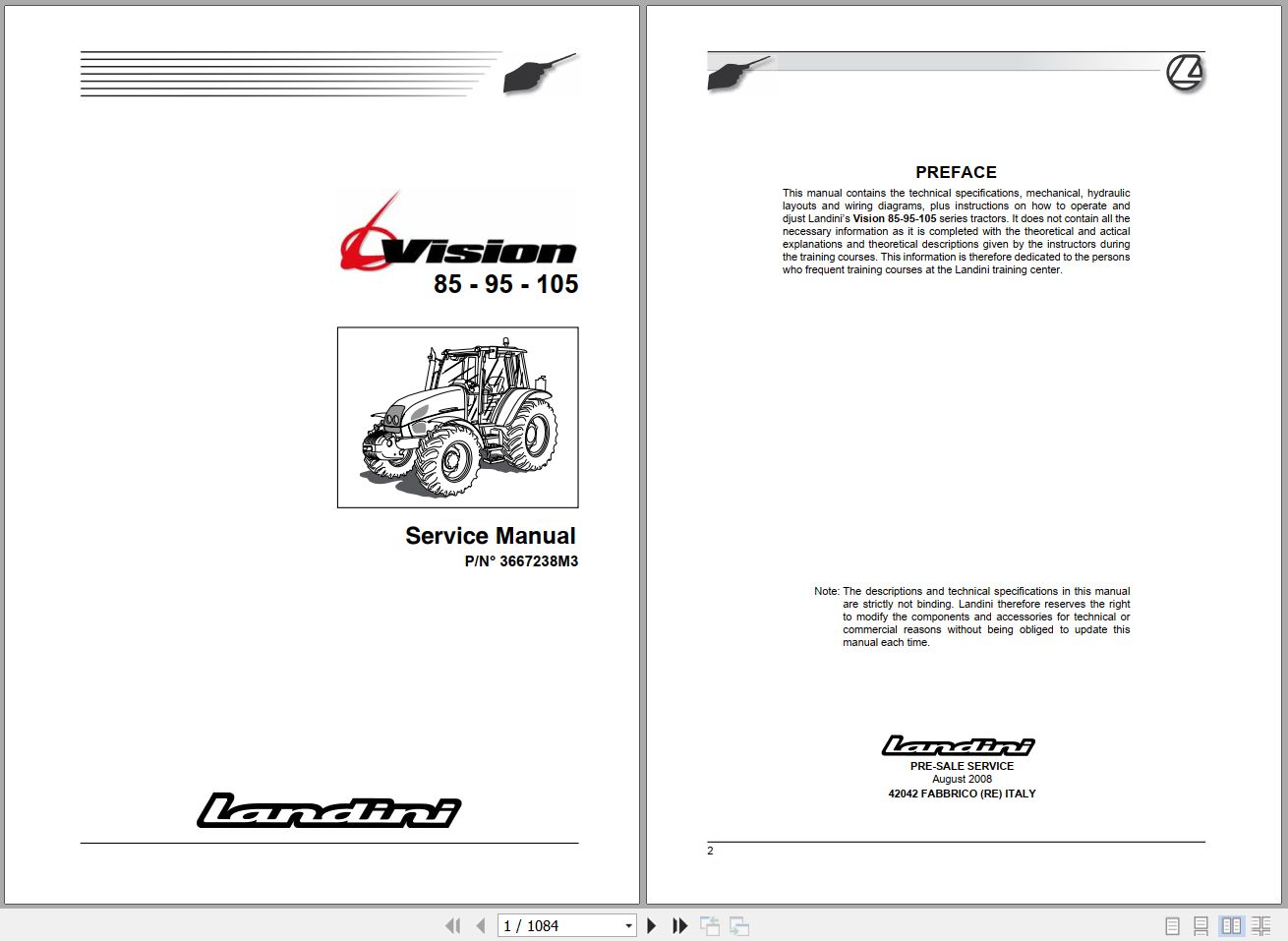 Landini Tractor Vision 85 95 105 Service Manual 3667238M3 EN 1