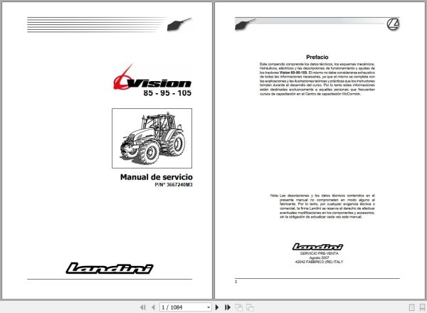 Landini Tractor Vision 85 95 105 Service Manual 3667240M3 ES 1